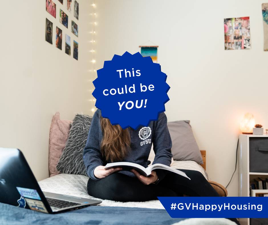 An old photo of a student sitting in their dorm with a circle over their face that says "This could be you!" to promote the GV Happy Housing contest.
